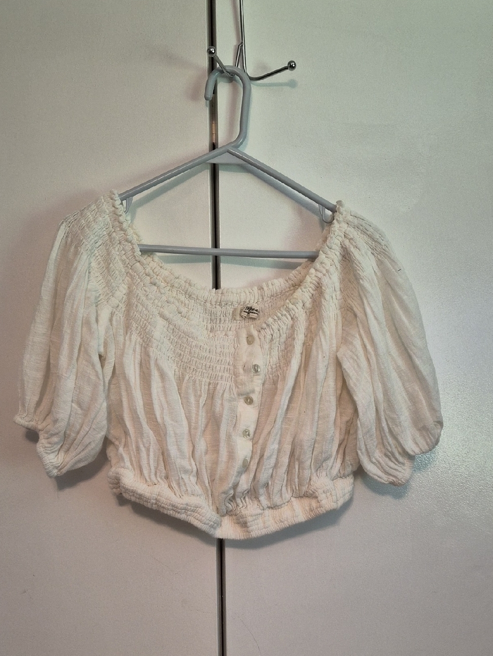 We The Free White Puff Sleeve Smocked Peasant Off Shoulder Crop Blouse